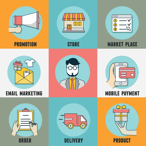Vector platte concept infographic van proces mobiele dienst winkelen. bestellingen en leveringen — Stockvector
