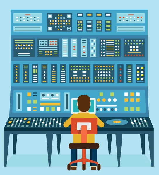 Vektor illustration av arbetsplatsen ljudtekniker. mixerbord. analog synt — Stock vektor