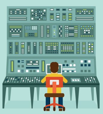 Flat illustration of expert with control panel. Analytics and management clipart