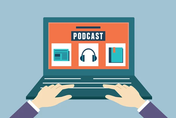 Vektor lapos koncepció audio podcast. Előfizetés mint üzleti modell — Stock Vector