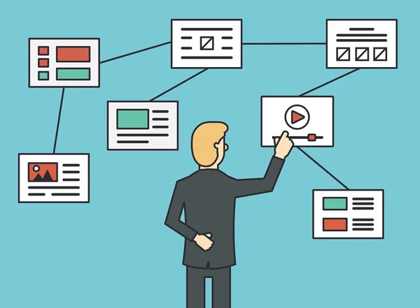 Utilizzando sito web diagramma di flusso sitemap collegamento, algoritmo di lavoro e la struttura del sito di navigazione. Stile linea piatta — Vettoriale Stock