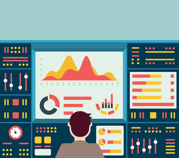 Ilustración vectorial de la información analítica web en el tablero de instrumentos y estadísticas del sitio web de desarrollo — Vector de stock