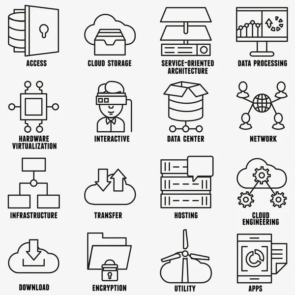 Set of vector linear cloud computing icons — Stock Vector