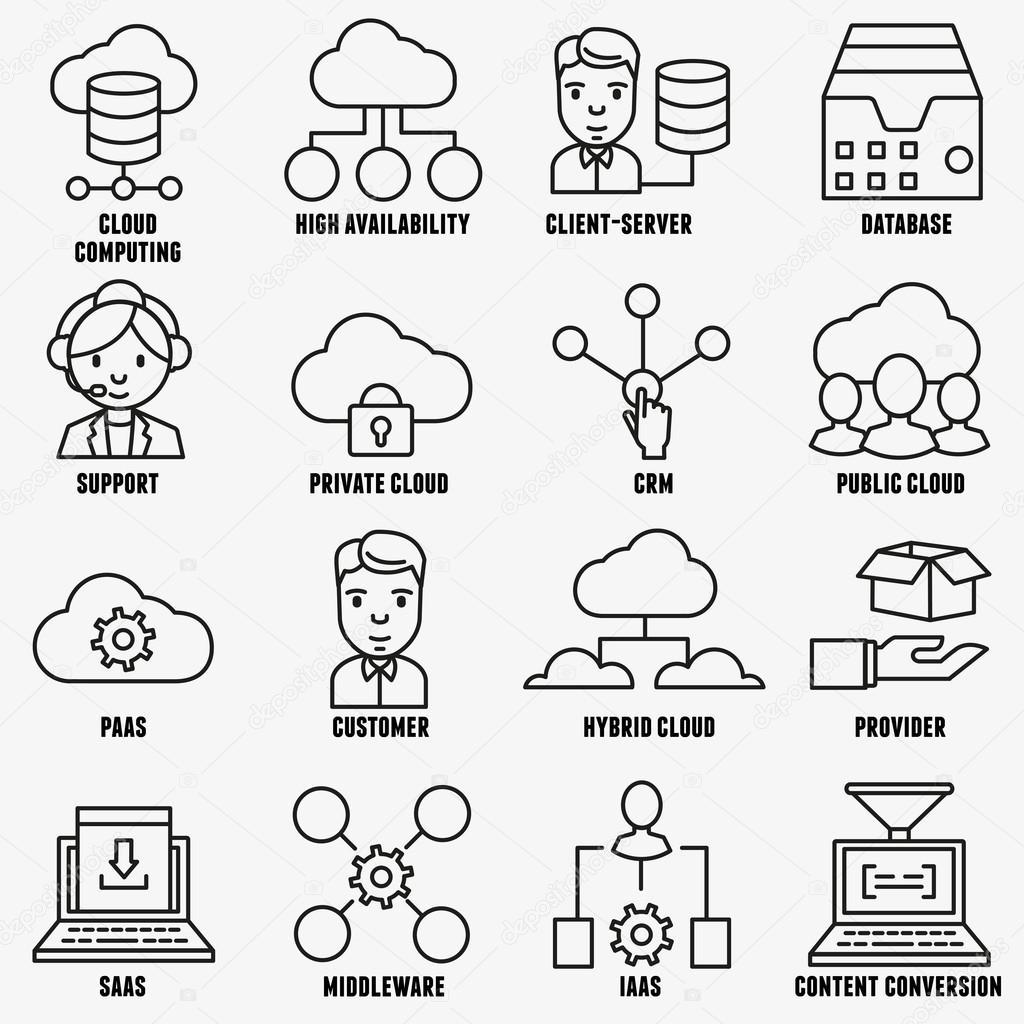 Set of vector linear cloud computing icons - part 1