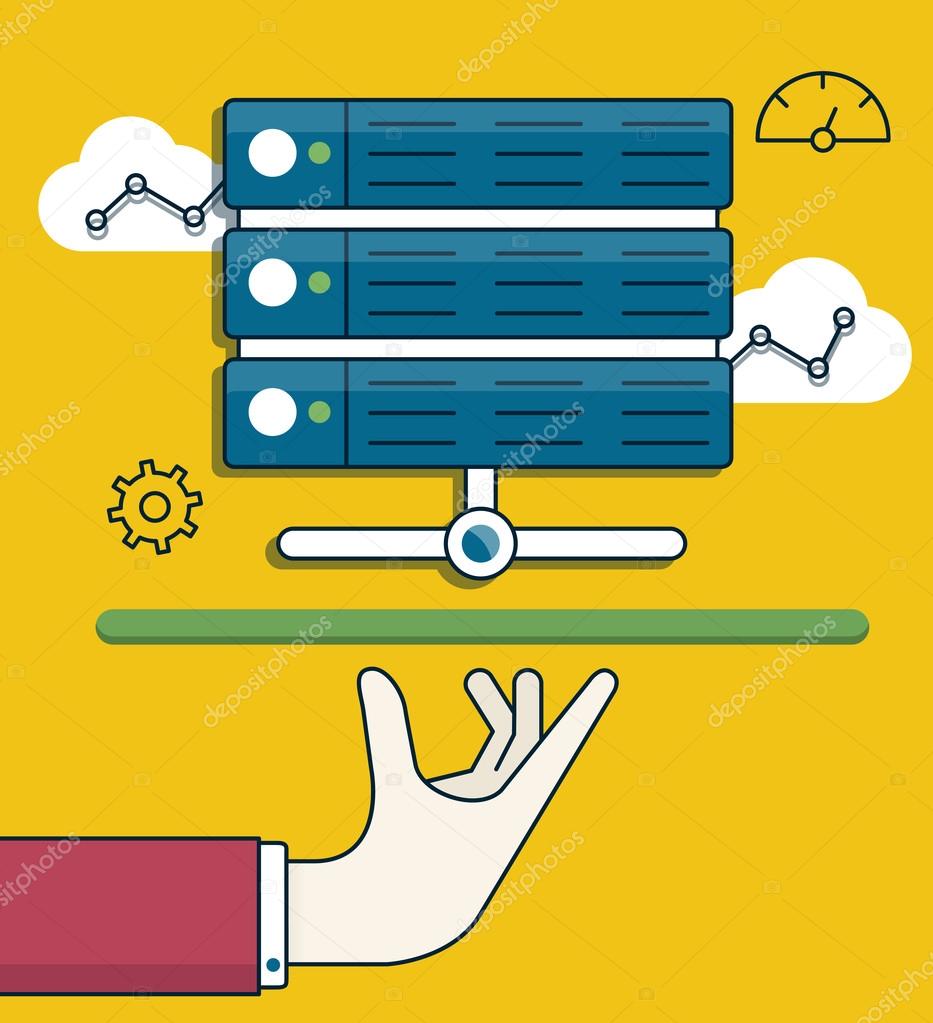 Vector flat linear illustration of data processing. Server and service