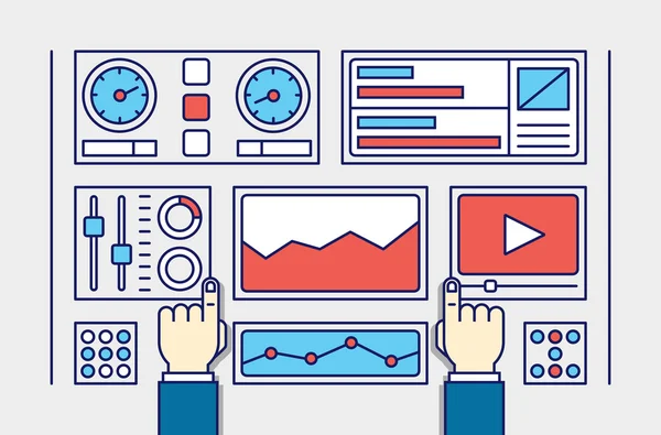 Ilustración vectorial de información analítica web y estadística del sitio web de desarrollo. Proceso de creación de interacción con los visitantes del sitio — Archivo Imágenes Vectoriales