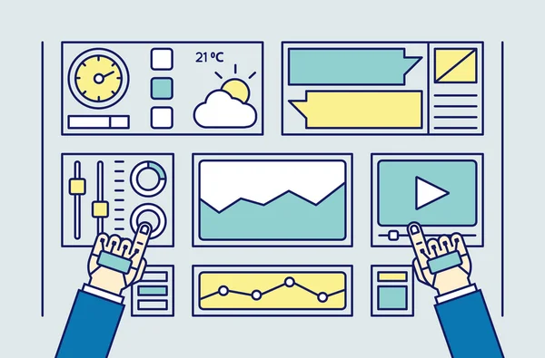 Ilustración lineal plana vectorial: el usuario utiliza guantes con cable para la gestión de datos — Archivo Imágenes Vectoriales