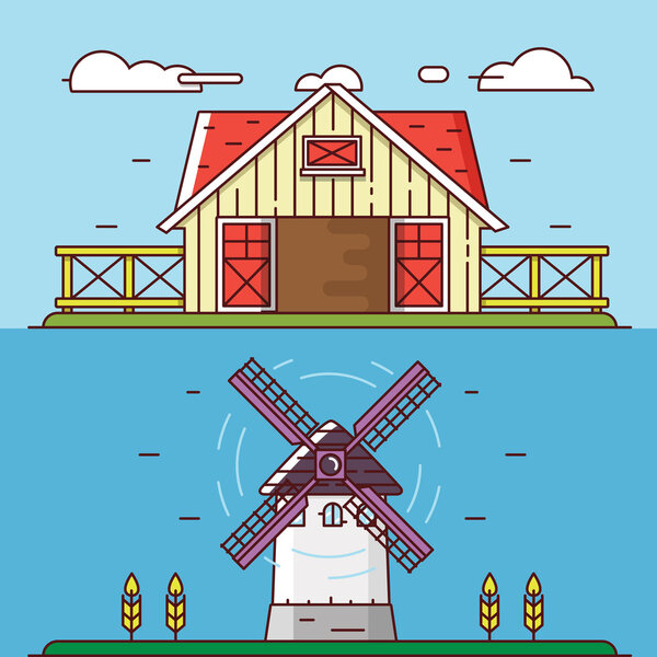 Vector linear flat rural landscapes. Granary and windmill - objects for design, labels or banners