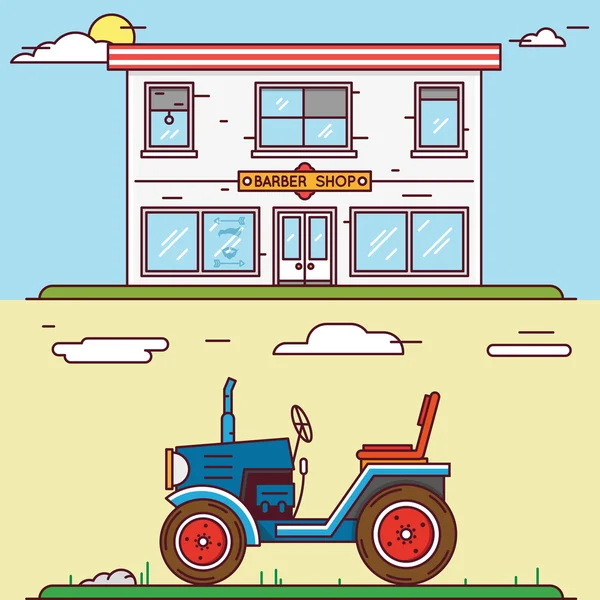 Vector linear flat construct your village - barber shop and tractor — Stock Vector