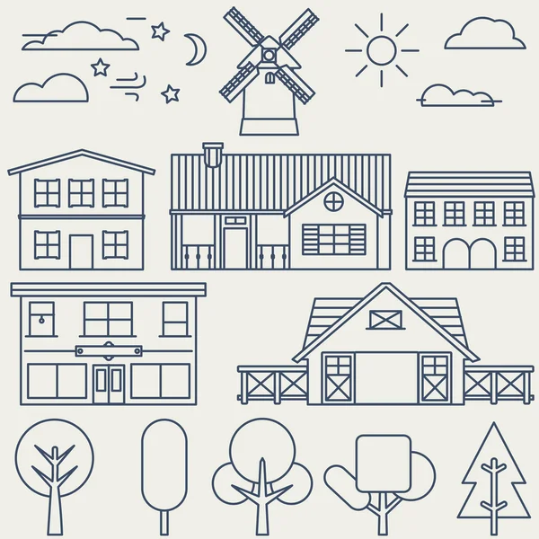 Conjunto vectorial de elementos lineales e iconos con edificios y casas para mapa de construcción o diseño Vector de stock