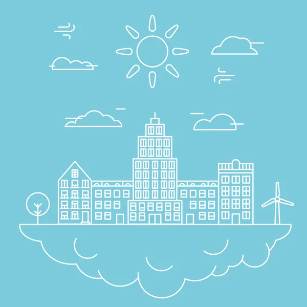 Vektor staden illustration i linjär stil - byggnader på moln — Stock vektor