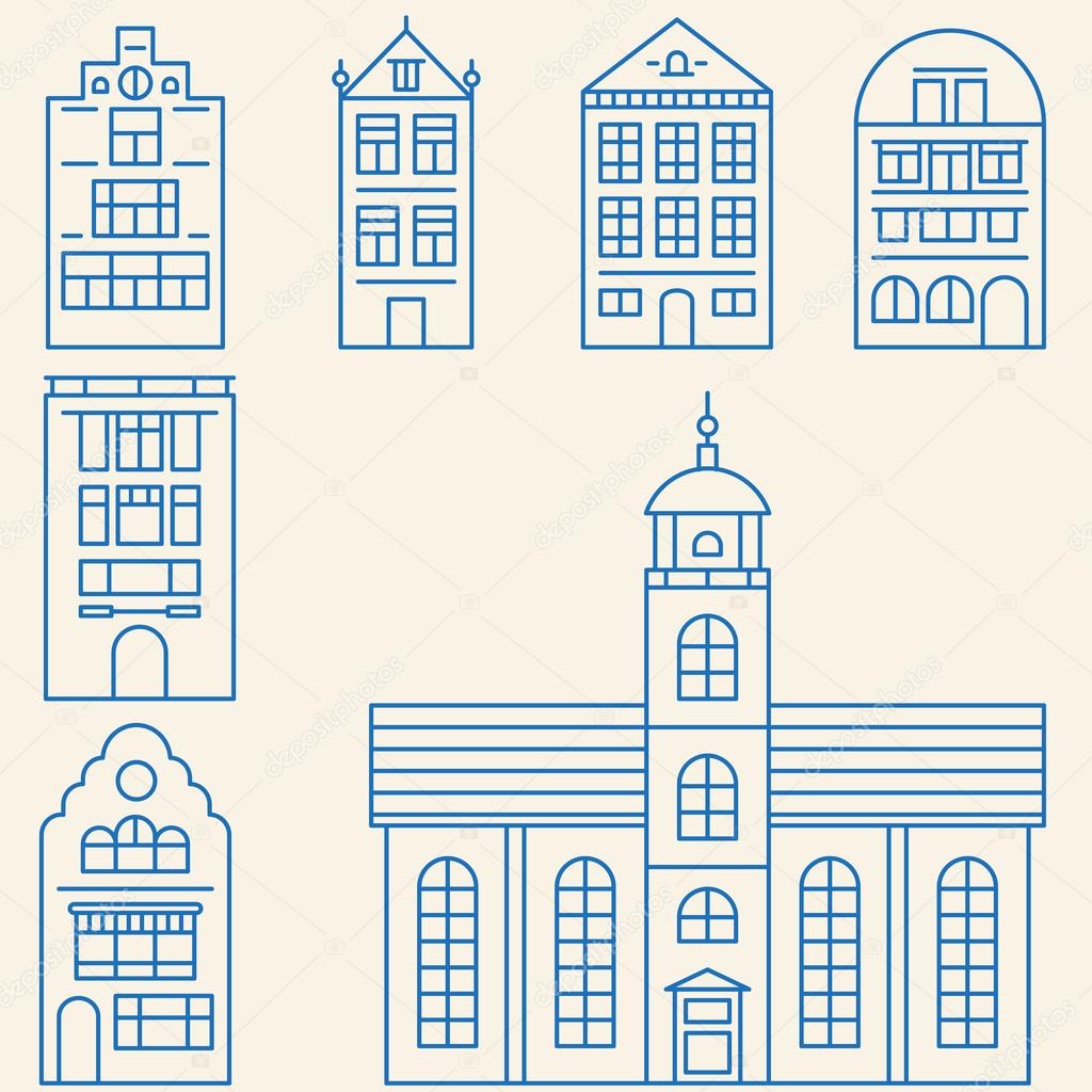 Vector set of linear elements and icons with buildings and skyscrapers for construction map, design or infographics - part 2