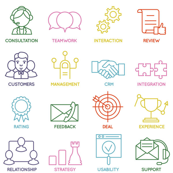 Векторный набор линейных иконок управления взаимоотношениями с клиентами - часть 1
