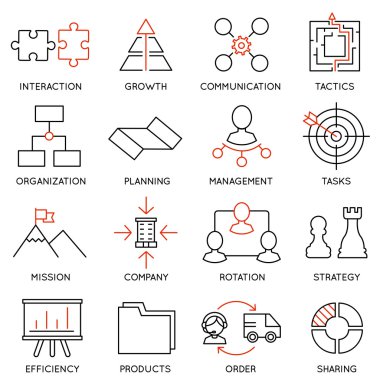 İşletme Yönetimi, strateji, kariyer ilerleme ve iş insanlar organizasyon doğrusal Icons set. Doğrusal Infographic vektör logo sembollerin - Bölüm 1