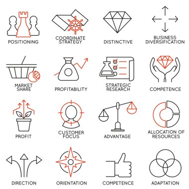 İşletme Yönetimi, strateji, kariyer ilerleme ve iş insanlar organizasyon doğrusal Icons set. Doğrusal Infographic vektör logo sembollerin - Bölüm 3