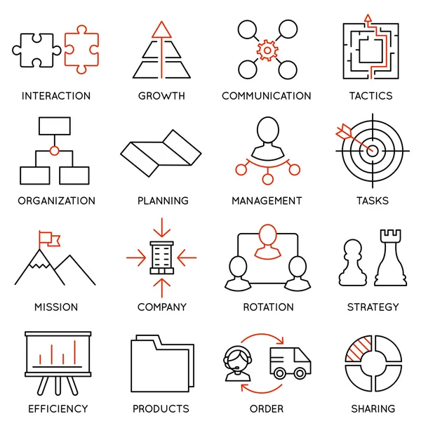 İşletme Yönetimi, strateji, kariyer ilerleme ve iş insanlar organizasyon doğrusal Icons set. Doğrusal Infographic vektör logo sembollerin - Bölüm 1