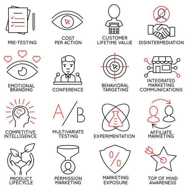 Векторный набор 16 икон, связанных с бизнес управление, стратегия, карьера прогресс и бизнес процесса. Моно линии пиктограммы и Инфографика дизайн элементов - часть 9