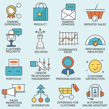 Müşteri ilişkisi yönetimi ile ilgili simgeler vektör kümesi. Düz çizgi sembollerin ve infographics tasarım öğeleri - Bölüm 4