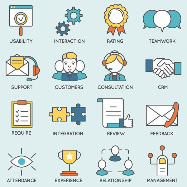 Векторный набор иконок, связанных с управления взаимоотношениями с клиентами. Плоская линия пиктограммы и Инфографика дизайн элементов - часть 2