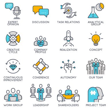 İş yönetimi, strateji, kariyer ilerlemesi ve iş süreçleriyle ilgili vektör düz doğrusal simgeler. Düz piktogramlar ve bilgi grafikleri tasarım elementleri - Bölüm 1