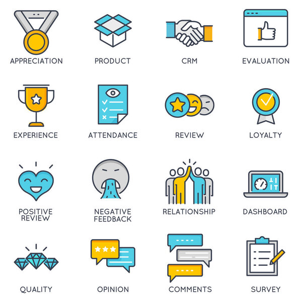 Векторные плоские линейные иконки, связанные с обратной связью, обзором и управлением взаимоотношениями с клиентами. Плоские пиктограммы и элементы инфографического дизайна 