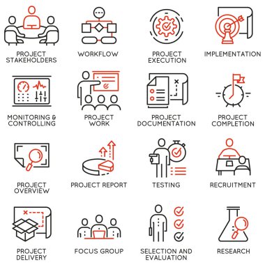 Proje yönetimiyle ilgili doğrusal simgelerin vektör kümesi. Mono line pictogram ve infografik tasarım elementleri - Bölüm 3