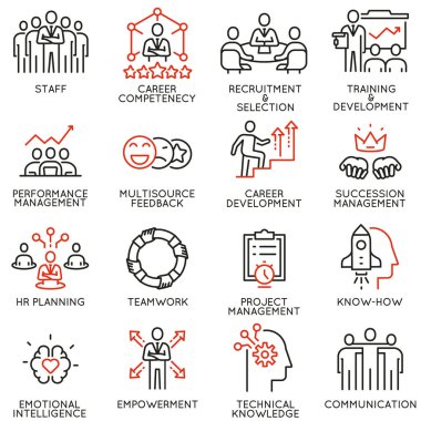 İnsan kaynakları yönetimi, kariyer yeterliliği ve liderlik ile ilgili doğrusal simgelerin vektör kümesi. Mono line pictogram ve infografik tasarım elementleri - Bölüm 4