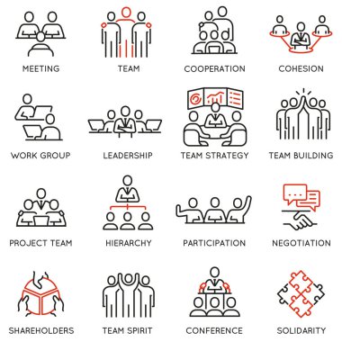 İş süreci, takım çalışması ve insan kaynakları yönetimi ile ilgili doğrusal simgelerin vektör kümesi. Mono line pictogram ve infografik tasarım elementleri - bölüm 7