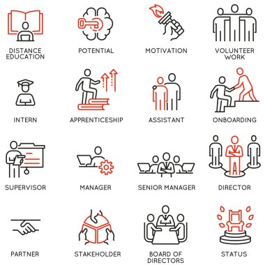 Kariyer merdiveni, Güçlendirme Liderliği Geliştirme, İş Tanıtımı ve İlerlemeyle İlgili Doğrusal Simgelerin Vektör Kümesi. Mono Hattı Pictogram ve Bilgi Tasarım Elementleri