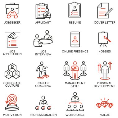 İşe Alma, Kariyer İlerlemesi ve Kişisel Geliştirmeyle İlgili Doğrusal Simgelerin Vektör Kümesi. Mono Hattı Pictogram ve Bilgi Tasarım Elemanı