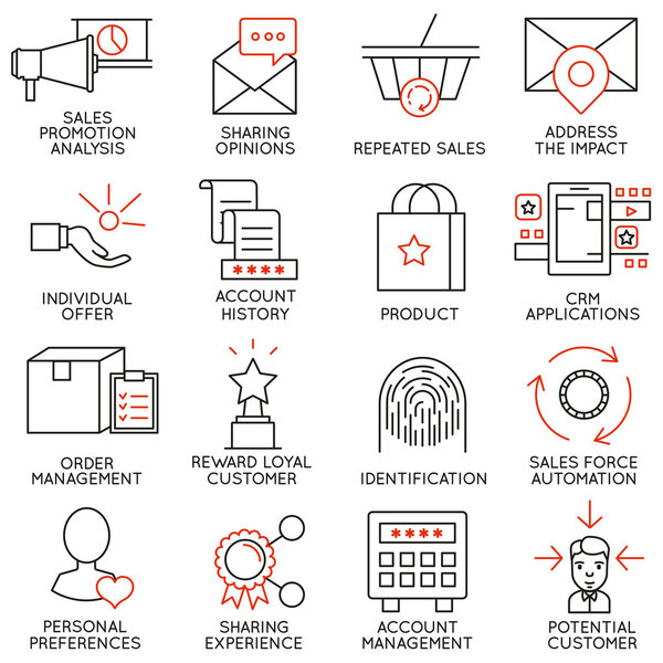Векторный набор 16 икон, связанных с бизнес управление, стратегия, карьера прогресс и бизнес процесса. Моно линии пиктограммы и Инфографика дизайн элементов - часть 14
