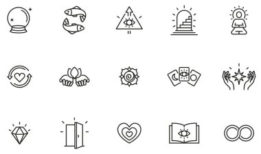 Sakinlik, Uyum, Sihir, Meslek ve Öz-Bilginin İlişkili Doğrusal Simgelerin Vektör Kümesi. Mono Hattı Pictogram ve Bilgi Tasarım Elementleri 