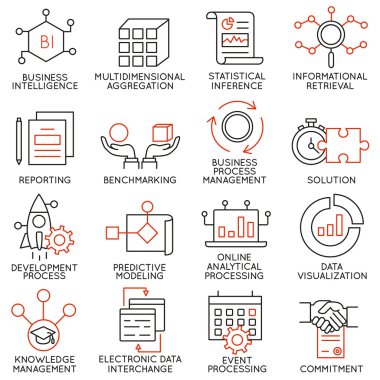 İşletme Yönetimi, strateji, kariyer ilerleme ve iş süreci ile ilgili 16 simgeler vektör kümesi. Mono line sembollerin ve infographics tasarım öğeleri - bölüm 25