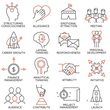 İşletme Yönetimi, strateji, kariyer ilerleme ve iş süreci ile ilgili 16 simgeler vektör kümesi. Mono line sembollerin ve infographics tasarım öğeleri - bölüm 29