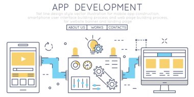 Düz çizgi tasarım stil vektör çizim hareket eden app inşaat, smartphone kullanıcı arabirimi işlemi ve web sayfası oluşturma işlemi, Web sitesi banner ve açılış sayfası oluşturmak için