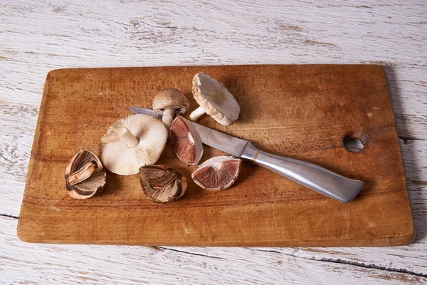 木制切菜板上的野生蘑菇和刀片 — 图库照片