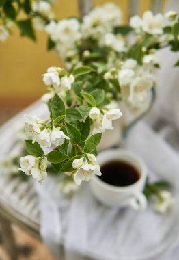 Yasemin çiçekleri beyaz bir vazoda. Yasemin ve bir fincan kahveyle durgun hayat.
