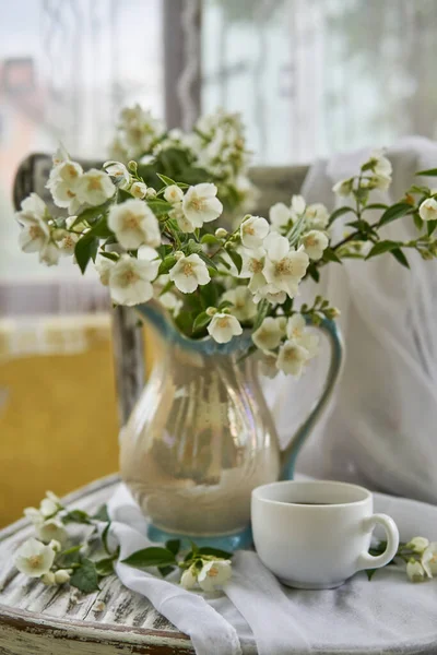 Jasmine Flowers White Vase Stillife Jasmine Cup Coffee — Stock Photo, Image