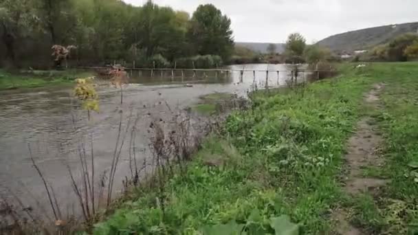 Alte Holzbrücke Über Das Flüsschen Herbst — Stockvideo