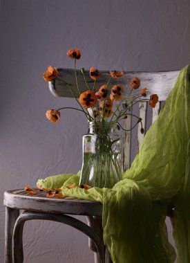 Klasik tarzda hazırlanmış küçük kırmızı gelincik buketi. Popies 'in klasik sandalyedeki vazoda durgun hayatı.