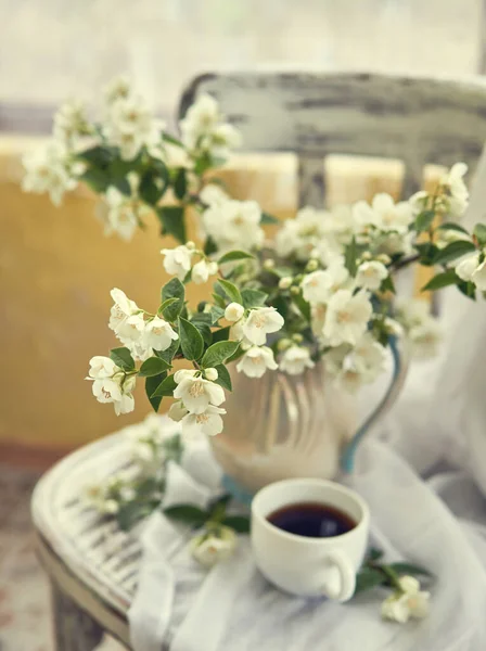 Jasmine Flowers White Vase Stillife Jasmine Cup Coffee — Stock Photo, Image