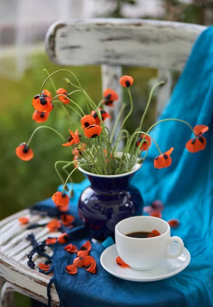 Little Red Poppies Bouquet Blue Vase Vintage Chair Poppies Cup — Stock Photo, Image