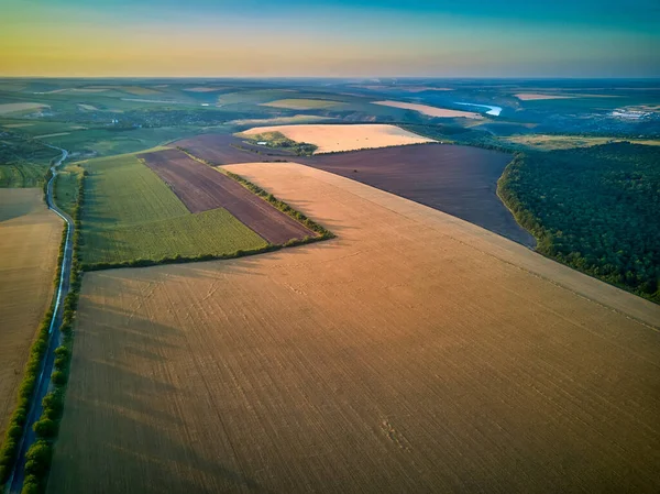 Vista Aérea Sobre Los Campos Agrícolas Atardecer — Foto de Stock