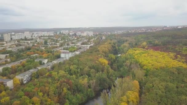 건물들이 내려다 보이는 무성하게 비행기로 날아가고 Kishinev Moldova — 비디오