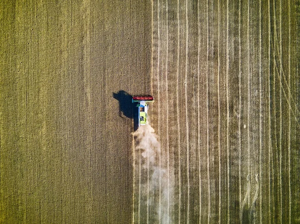 組み合わせ収穫機の空中ビューは日没時に小麦を収集します 収穫穀物畑 作物の季節 部分的に収穫された畑の収穫者についての眺め モルドバ ヨーロッパ — ストック写真