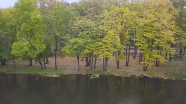 Parktaki göl üzerinde insansız hava aracı ile hava görüntüsü. Çok iyi korunan bir göl. Güzel sonbahar manzarası.