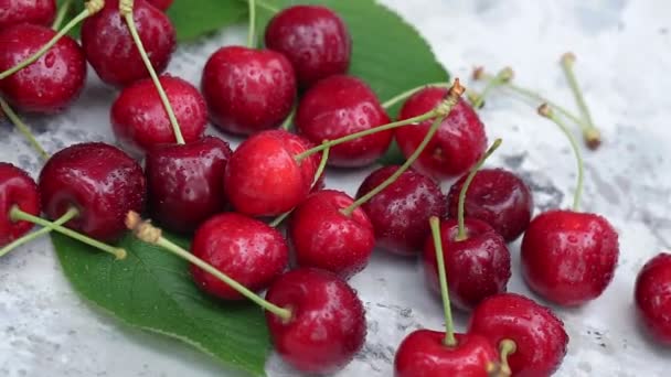 Cerezas Rojas Maduras Sobre Fondo Gris Vintage — Vídeos de Stock