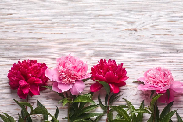 Pink Peonies Grey Wooden Background Copy Space Top View Mothers — Stock Photo, Image