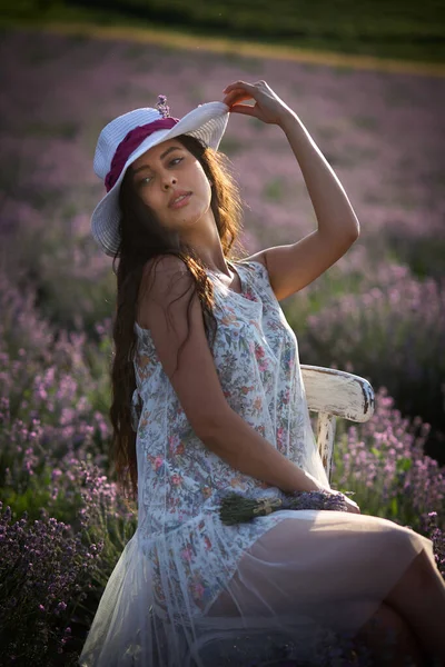 아름다운 소녀는 의자에 라벤더밭 가운데에 — 스톡 사진