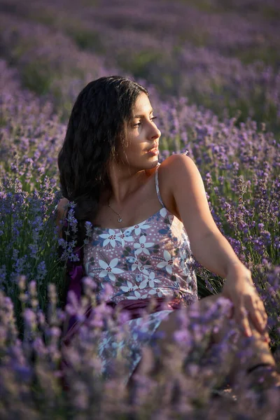 Retrato Encantadora Chica Morena Campo Lavanda Modelo Lavanda Verano Posando —  Fotos de Stock